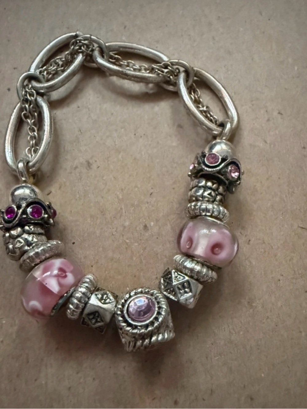 Silver-Tone Pink Bead Charm Bracelet - Women's Jewelry